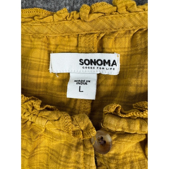 Sonoma Women's Sz L Mustard Yellow Plaid Button Front Short Flutter Sleeve Top - Picture 3 of 11